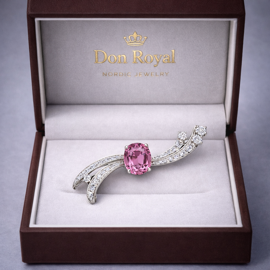 pink sapphire diamond brooch in box