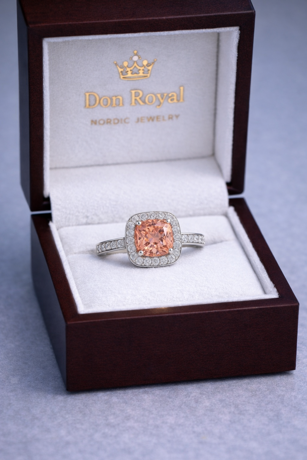 padparadscha sapphire diamond halo white gold ring in box