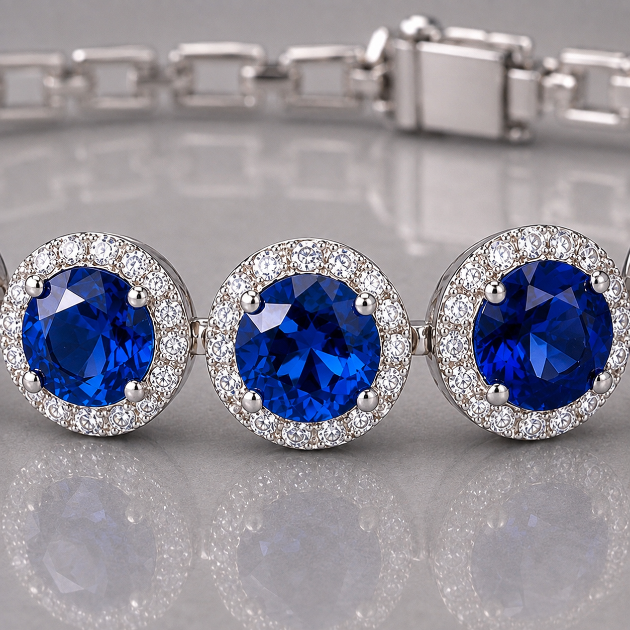 Natural Blue Sapphire Diamond Halo Handcrafted Platinum Bracelet