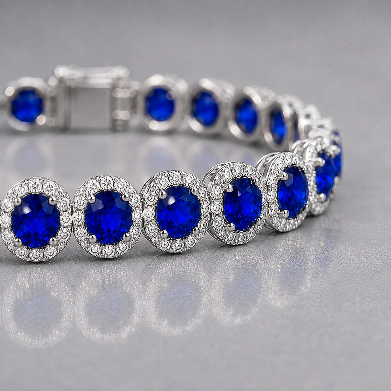 Natural Blue Sapphire Diamond Halo Handcrafted Platinum Bracelet
