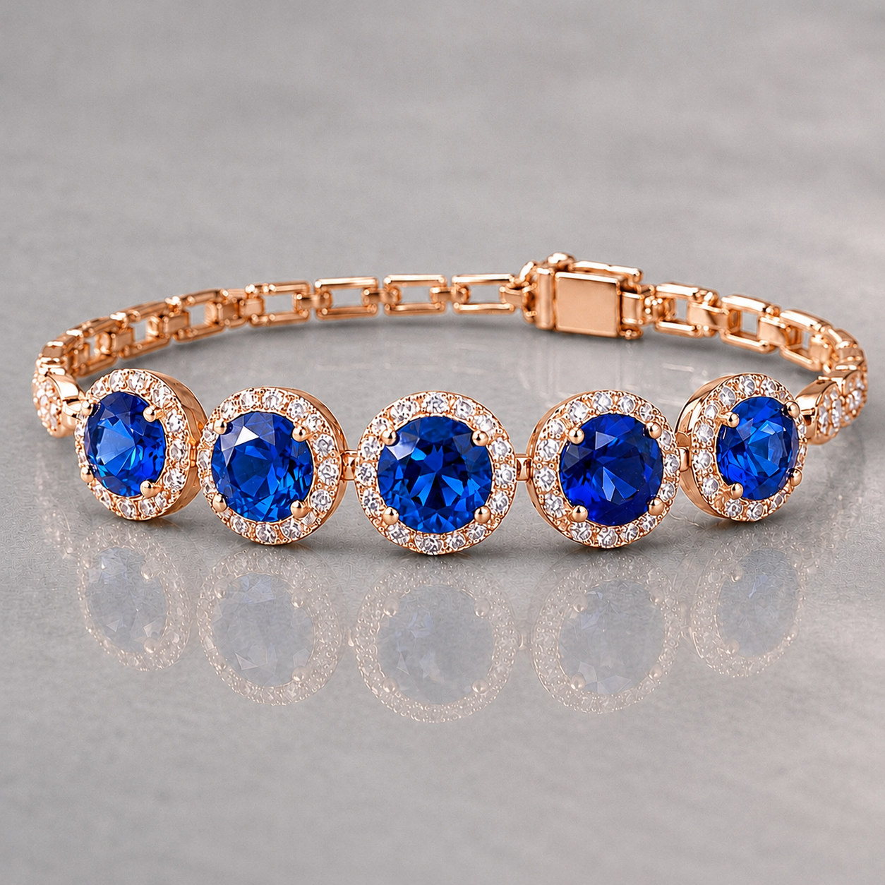 Natural Blue Sapphire Diamond Halo Handcrafted Rose Gold Bracelet