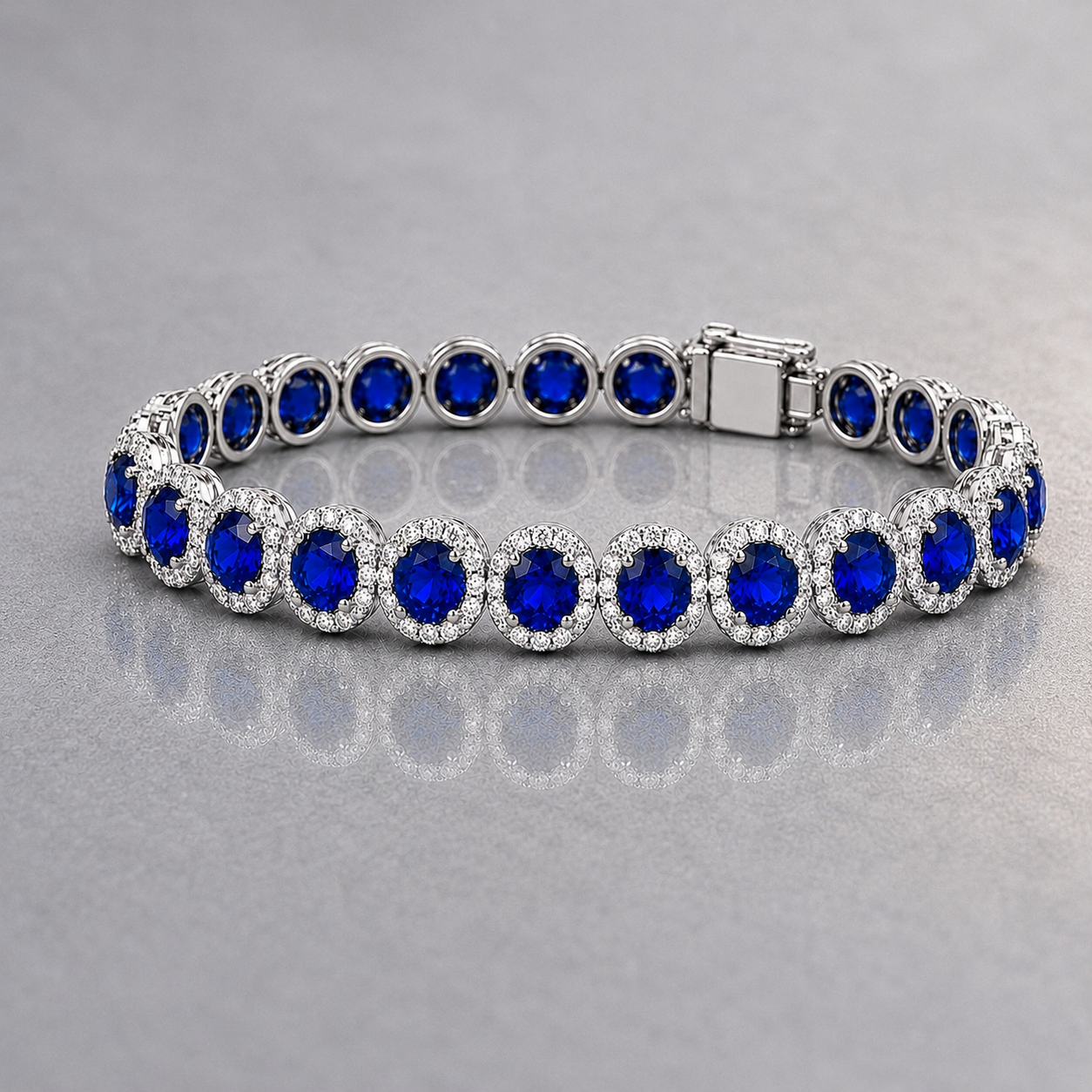Natural Blue Sapphire Diamond Halo Handcrafted White Gold Bracelet