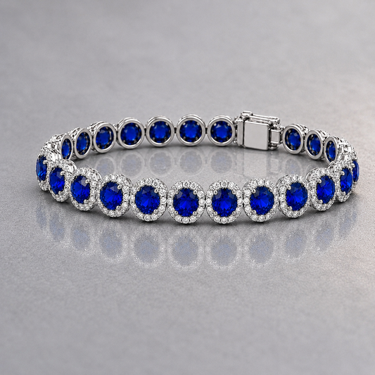 Natural Blue Sapphire Diamond Halo Handcrafted White Gold Bracelet