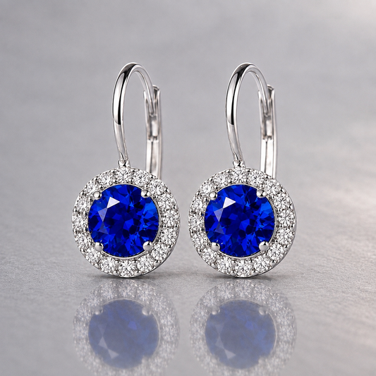 Natural Blue Sapphire Diamond Halo Handcrafted White Gold Earrings