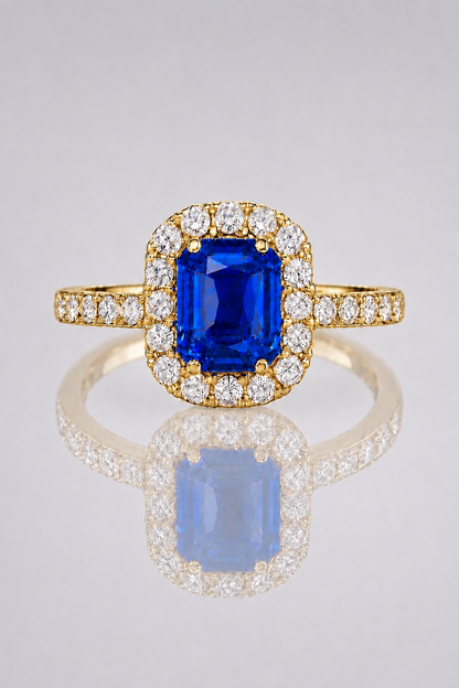 Natural Blue Sapphire Diamond Halo Yellow Gold Ring