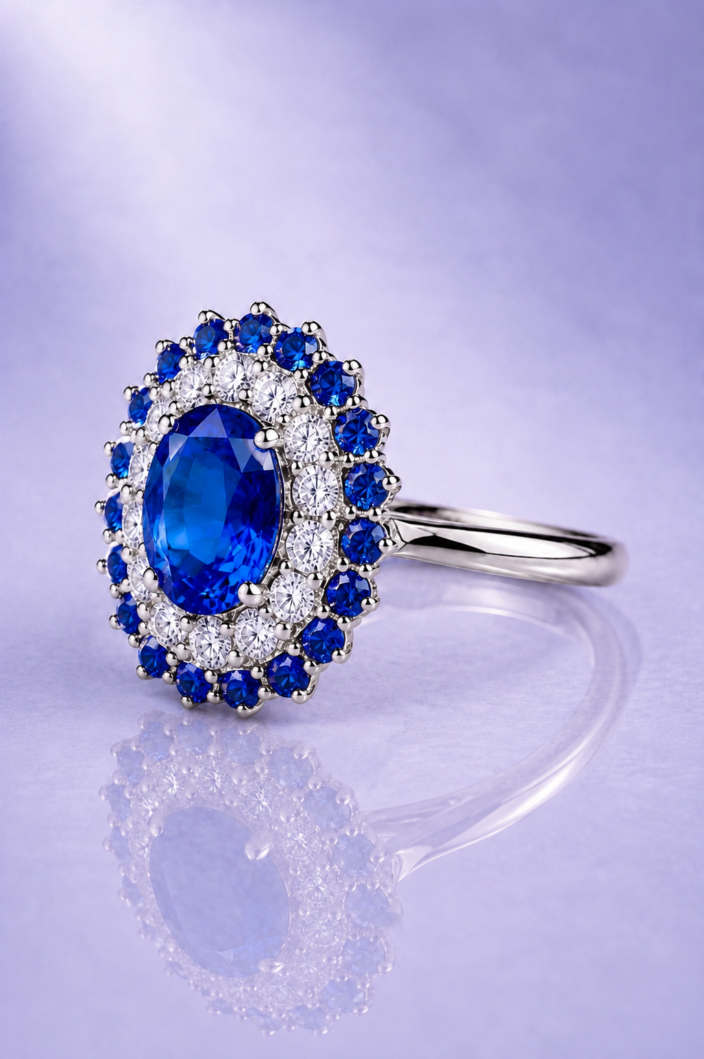 Aurevion Blue Sapphire & Diamond Double Halo Ring