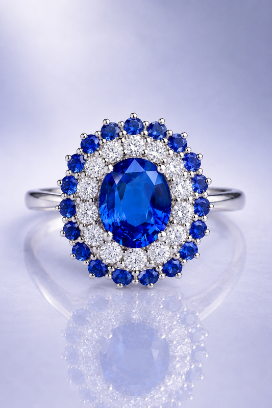 Aurevion Blue Sapphire & Diamond Double Halo Ring