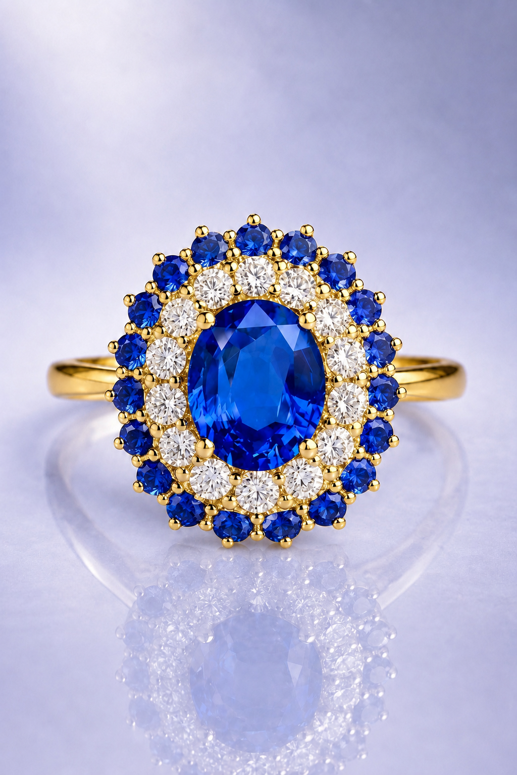 Aurevion Blue Sapphire & Diamond Double Halo Ring