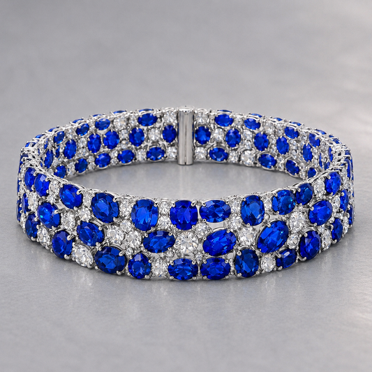 Natural Blue Sapphire Diamond Handcrafted White Gold Bracelet