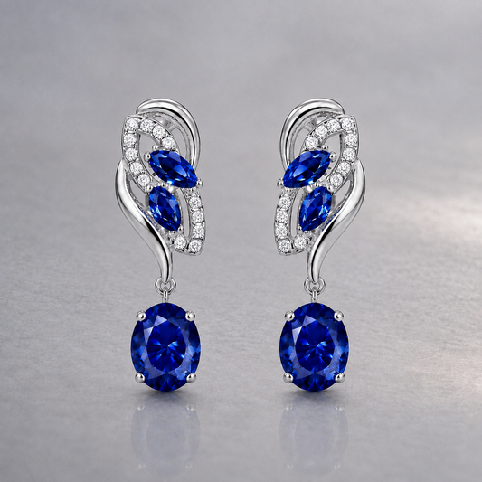 Natural Blue Sapphire Diamond Handcrafted White Gold Earrings