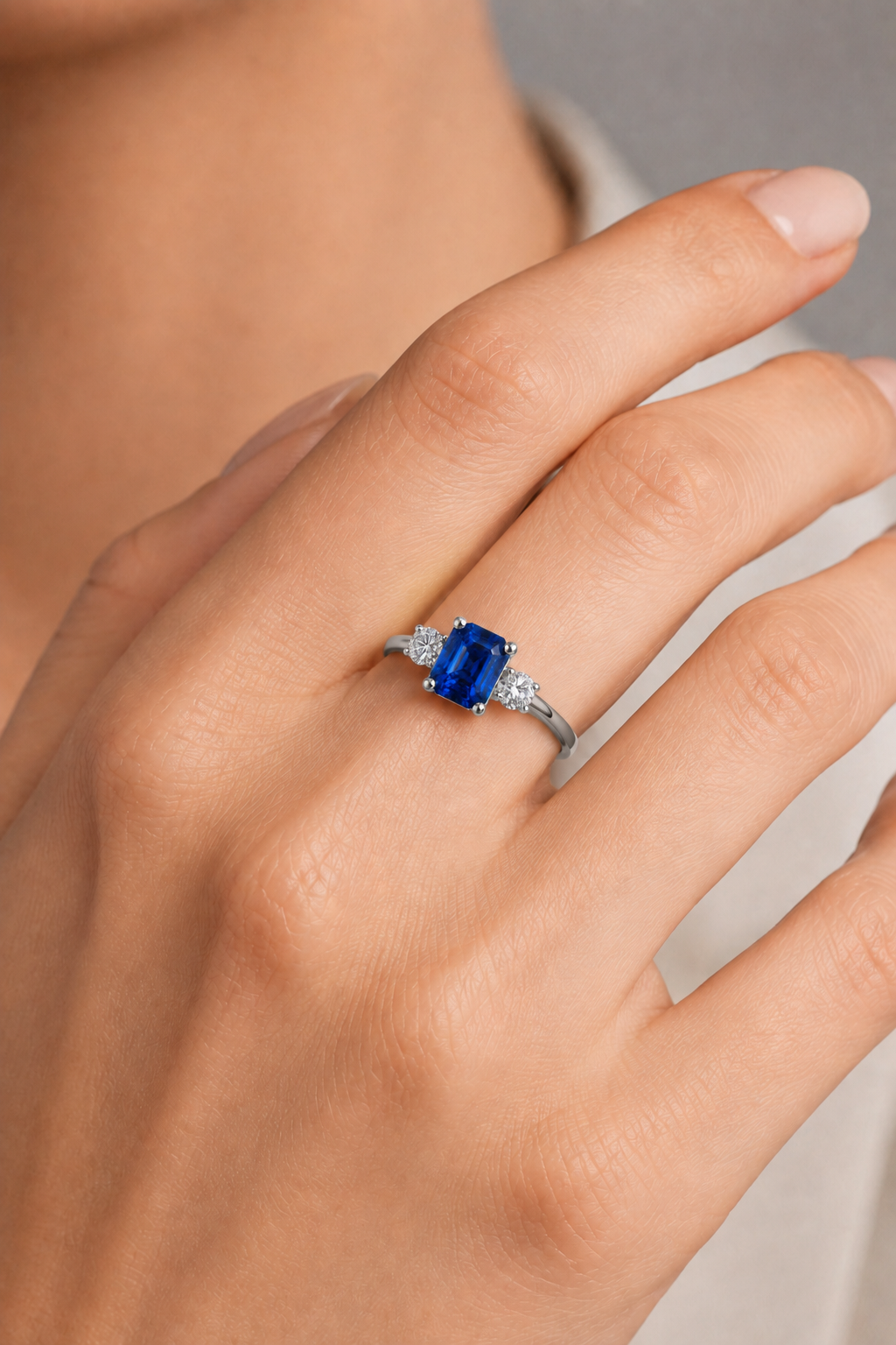 Natural Blue Sapphire Diamond Trilogy Gold Ring Model
