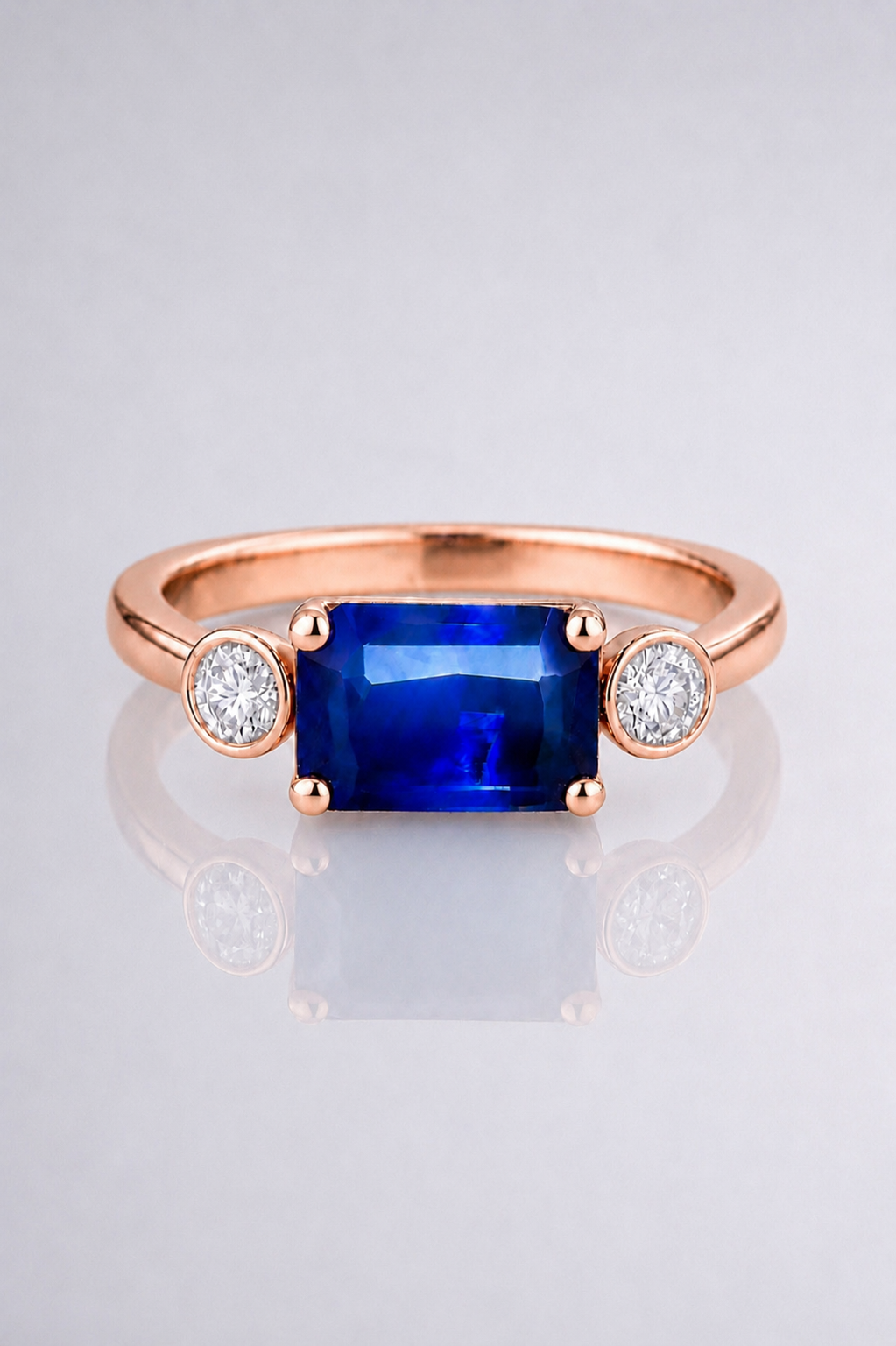 Natural Blue Sapphire Diamond Trilogy Handcrafted Rose Gold Ring