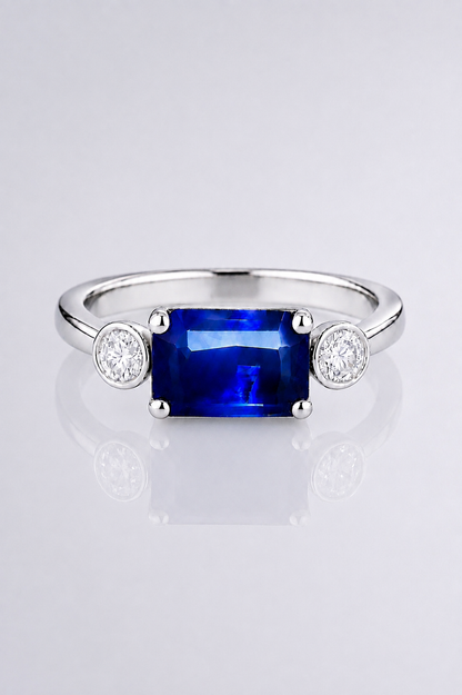 Natural Blue Sapphire Diamond Trilogy Handcrafted White Gold Ring