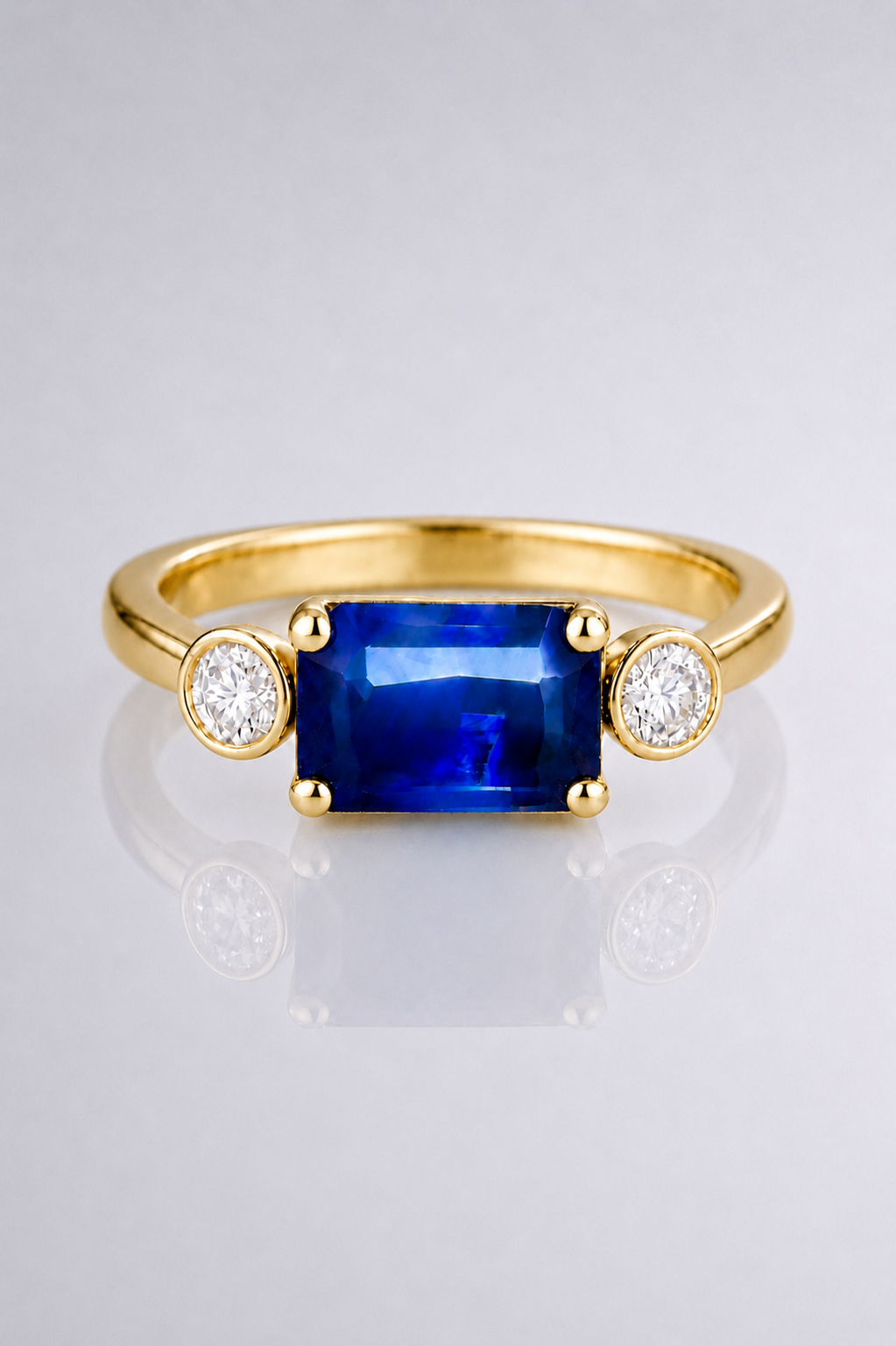 Natural Blue Sapphire Diamond Trilogy Handcrafted Yellow Gold Ring