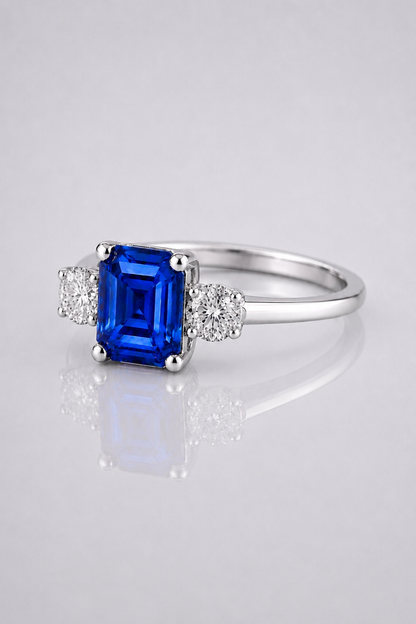 Natural Blue Sapphire Diamond Trilogy 
 Platinum Ring