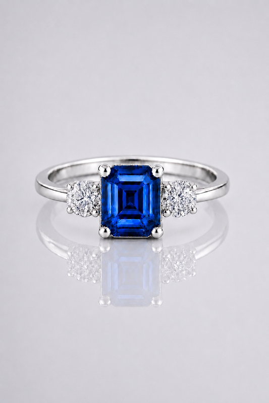 Natural Blue Sapphire Diamond Trilogy White Gold Ring