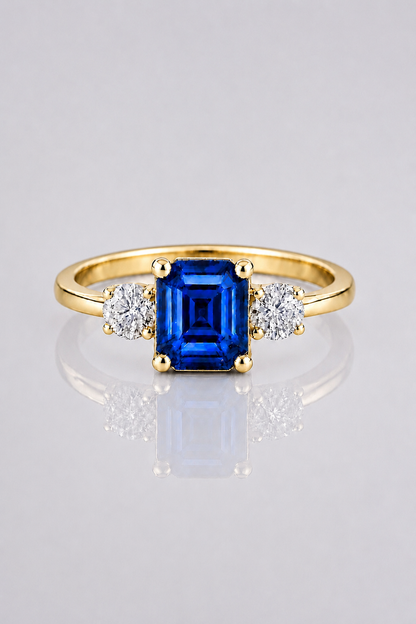 Natural Blue Sapphire Diamond Trilogy Yellow Gold Ring