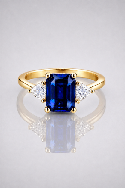 Natural Blue Sapphire Diamond Trilogy Yellow Gold Ring Box