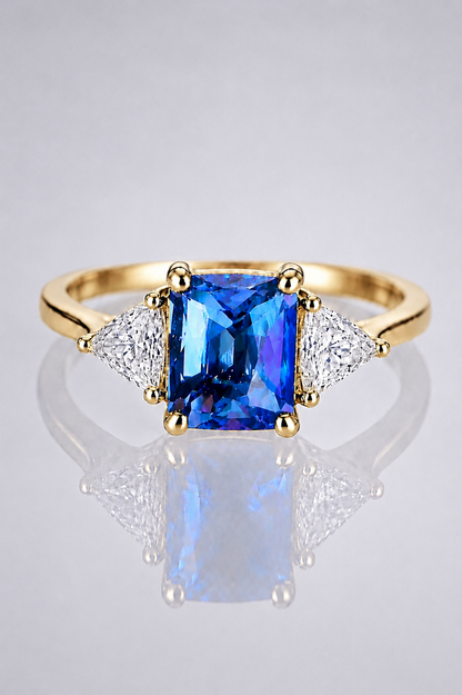 Natural Blue Spinel Diamond Handcrafted Trilogy Yellow Gold Ring
