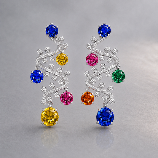 Natural Multicolored Sapphire Diamond Handcrafted White Gold Earrings
