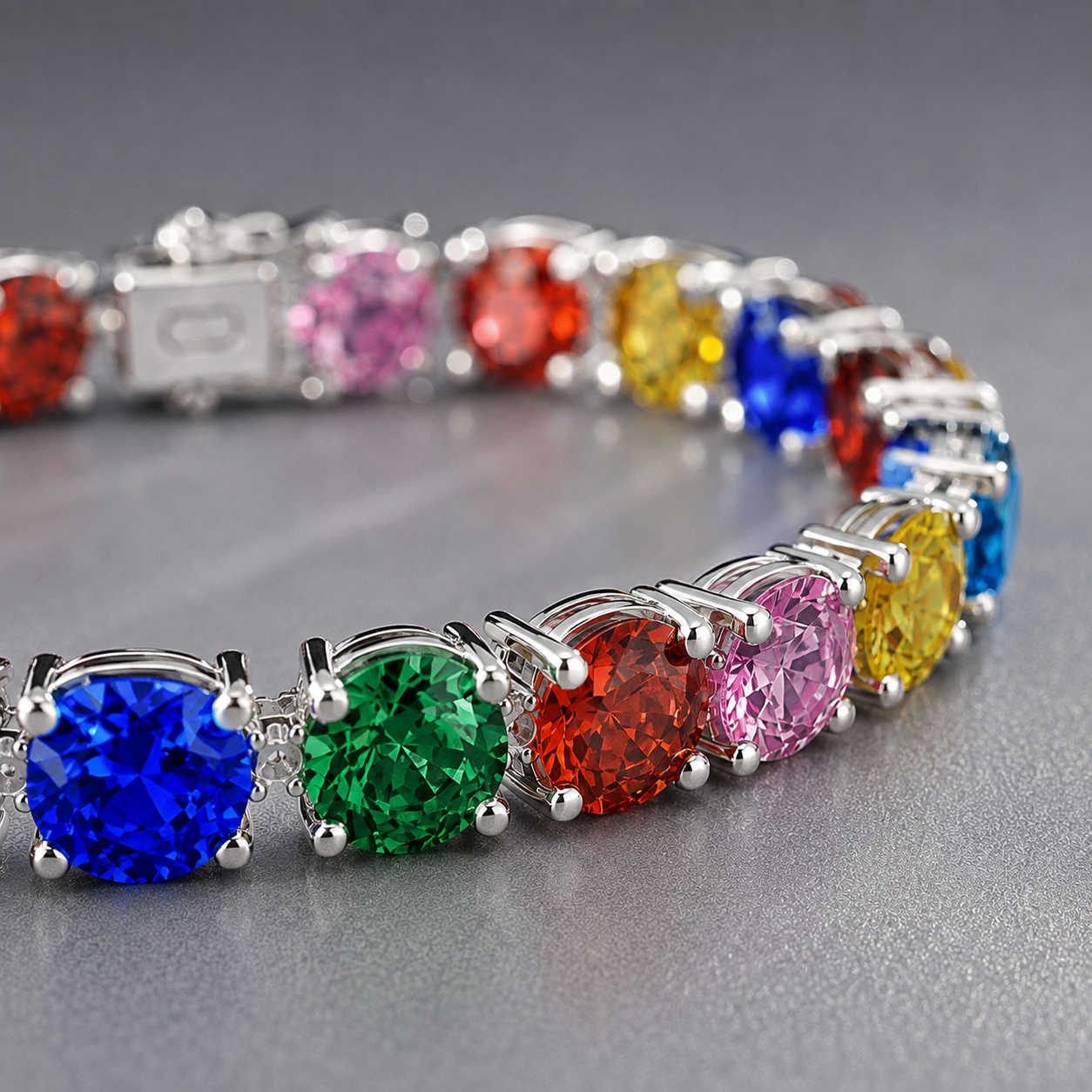 Natural Multicolored Sapphire Diamond Tennis Handcrafted Platinum Bracelet