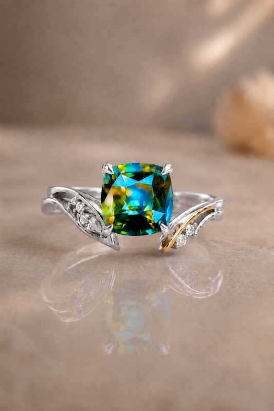 Natural Parti Sapphire Diamond Handcrafted White Gold Ring