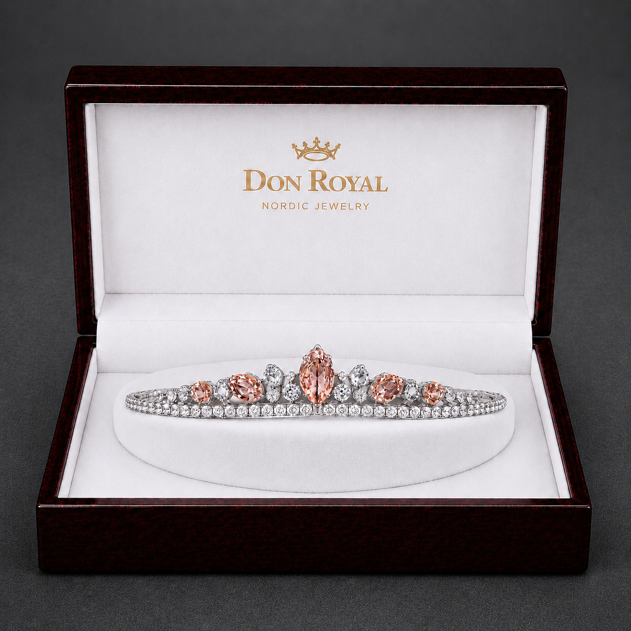Natural Peach Sapphire Diamond Handcrafted Gold Tiara Box