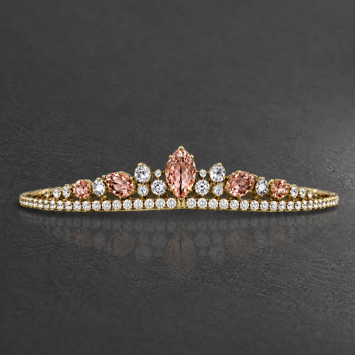 Natural Peach Sapphire Diamond Handcrafted Yellow Gold Tiara