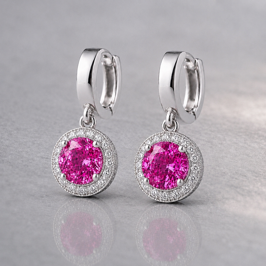 Natural Pink Sapphire Diamond Halo Handcrafted White Gold Earrings