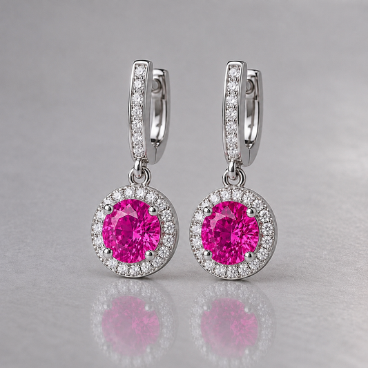 Natural Pink Sapphire Diamond Halo Handcrafted White Gold Earrings