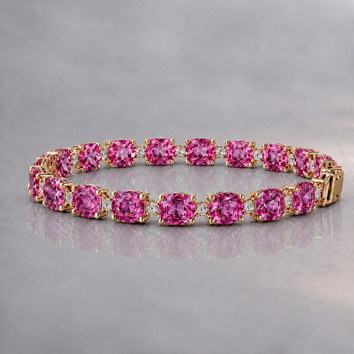 Natural Pink Sapphire Diamond Tennis Handcrafted Yellow Gold Bracelet