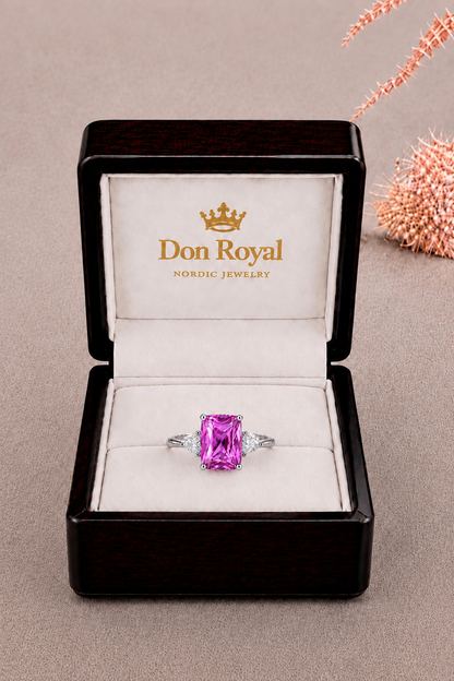 Natural Pinkish Purple Spinel Diamond Trilogy Handcrafted Gold Ring Box