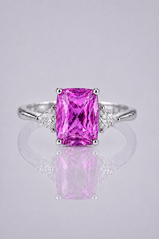 Natural Pinkish Purple Spinel Diamond Trilogy Handcrafted White Gold Ring