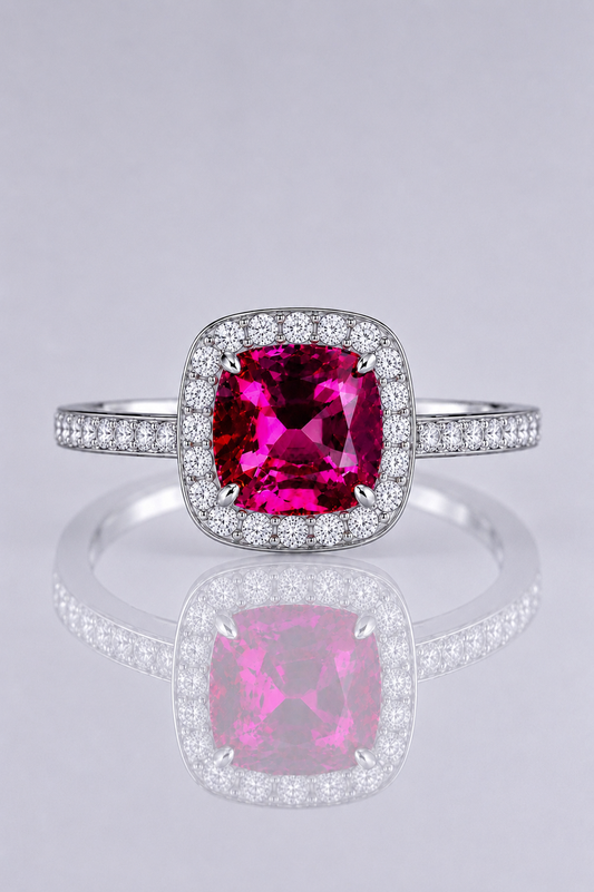 Natural Purple Spinel Diamond Halo Handcrafted White Gold Ring