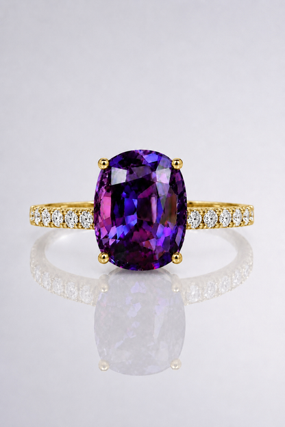 Natural Purple Spinel Diamond Handcrafted Yellow Gold Ring