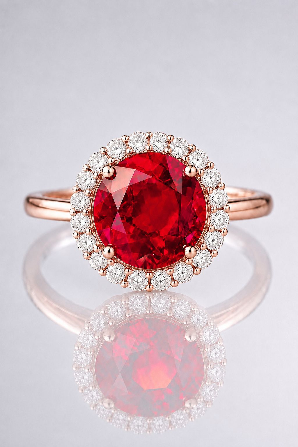 Natural Red Rhodolite Garnet Diamond Halo Handcrafted Rose Gold Ring