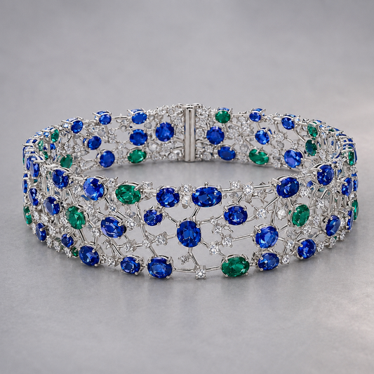 Natural Sapphire Emerald Diamond Handcrafted White Gold Bracelet