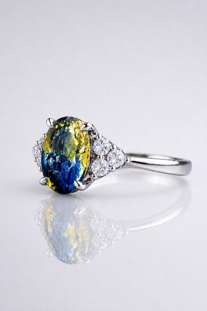 Natural Unheated Bicolor Sapphire Diamond Handcrafted Platinum Ring