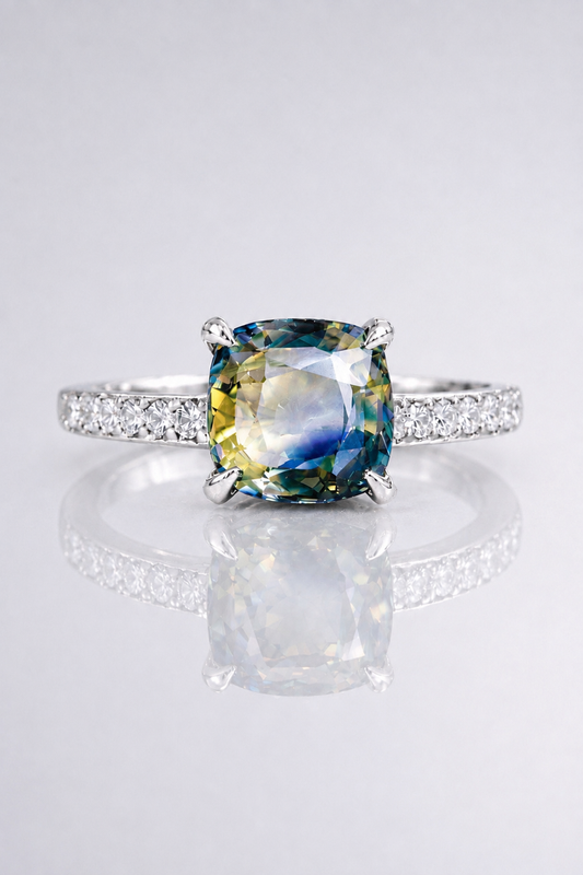 Natural Unheated Bicolor Sapphire Diamond Handcrafted White Gold Ring