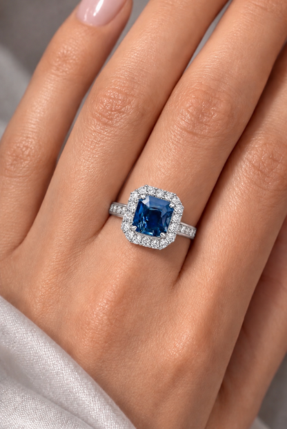 Natural Unheated Blue Sapphire Diamond Halo Gold Ring