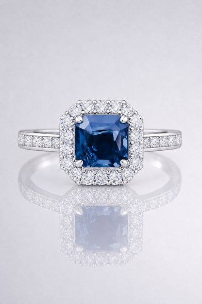 Natural Unheated Blue Sapphire Diamond Halo White Gold Ring