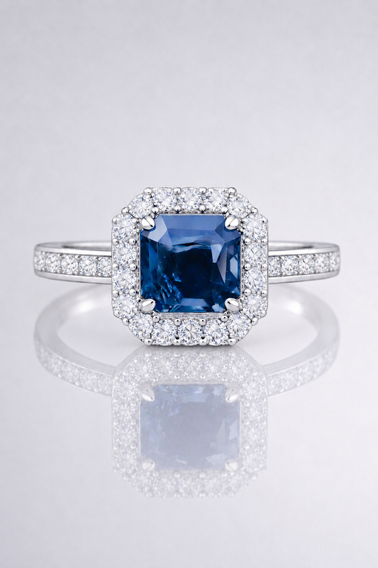 Natural Unheated Blue Sapphire Diamond Halo White Gold Ring
