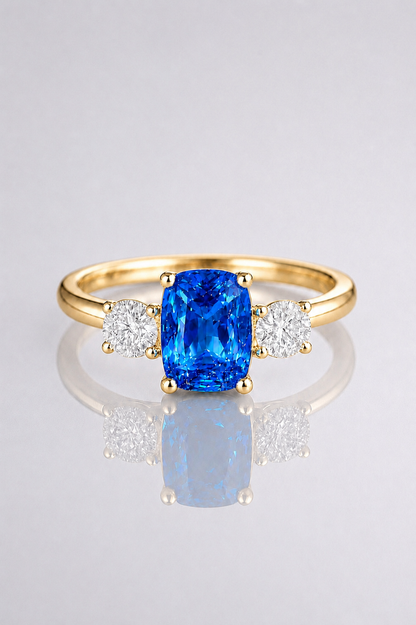 Natural Unheated Blue Sapphire Diamond Trilogy Handcrafted Yellow Gold Ring