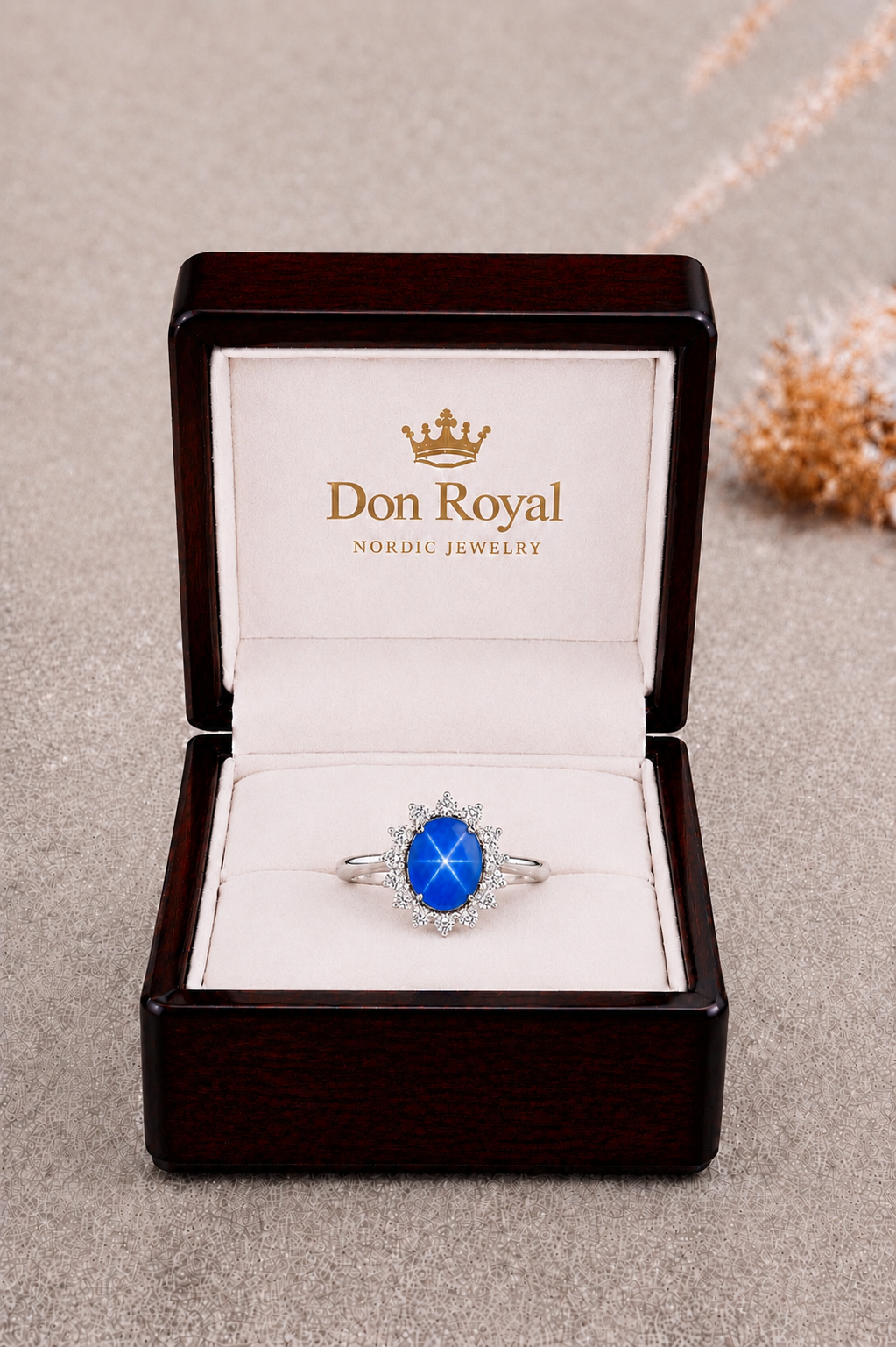 Natural Unheated Blue Star Sapphire Diamond Halo Handcrafted Gold Ring Box