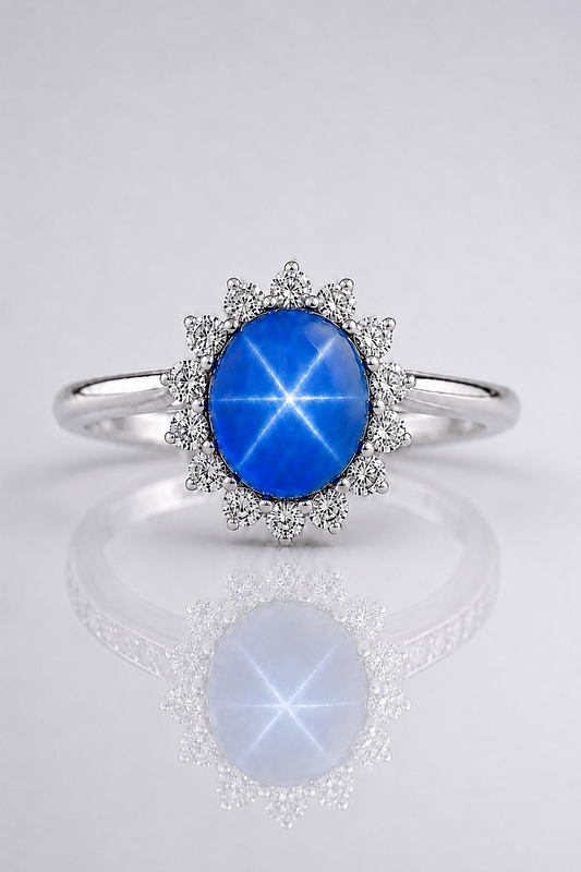 Natural Unheated Blue Star Sapphire Diamond Halo Handcrafted White Gold Ring