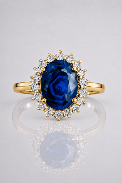Natural Unheated Dark Blue Sapphire Diamond Halo Yellow Gold Ring