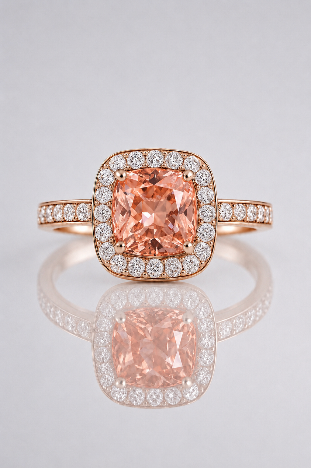 Natural Unheated Padparadscha Sapphire Diamond Halo Rose Gold Ring