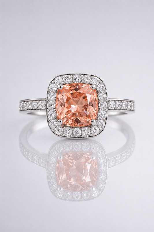Natural Unheated Padparadscha Sapphire Diamond Halo White Gold Ring