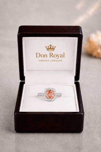 Natural Unheated Padparadscha Sapphire Diamond Halo Gold Ring Box