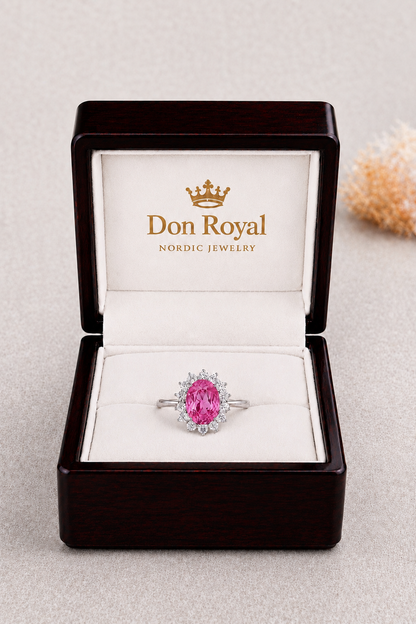 Natural Unheated Pink Sapphire Diamond Halo Handcrafted Gold Ring Box